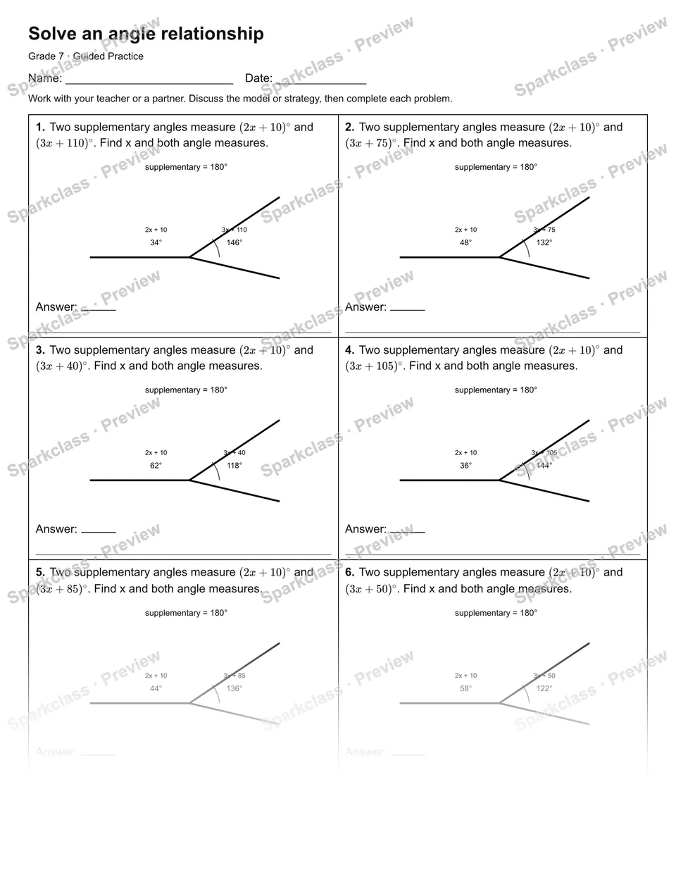 Solve an angle relationship — Guided Practice — Grade 7 worksheet preview