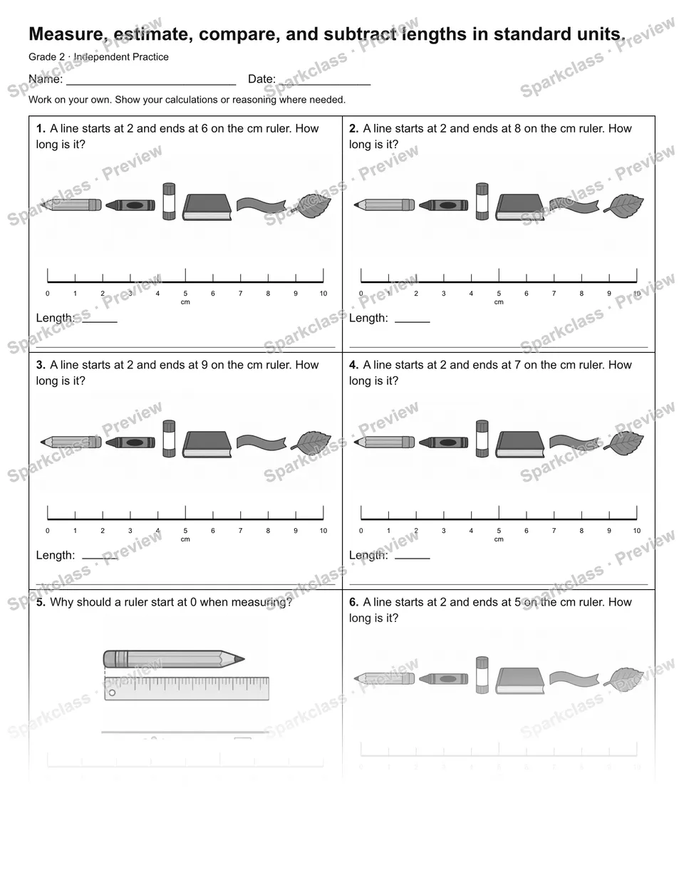 Measure, estimate, compare, and subtract lengths in standard units. — Independent Practice — Grade 2 worksheet preview