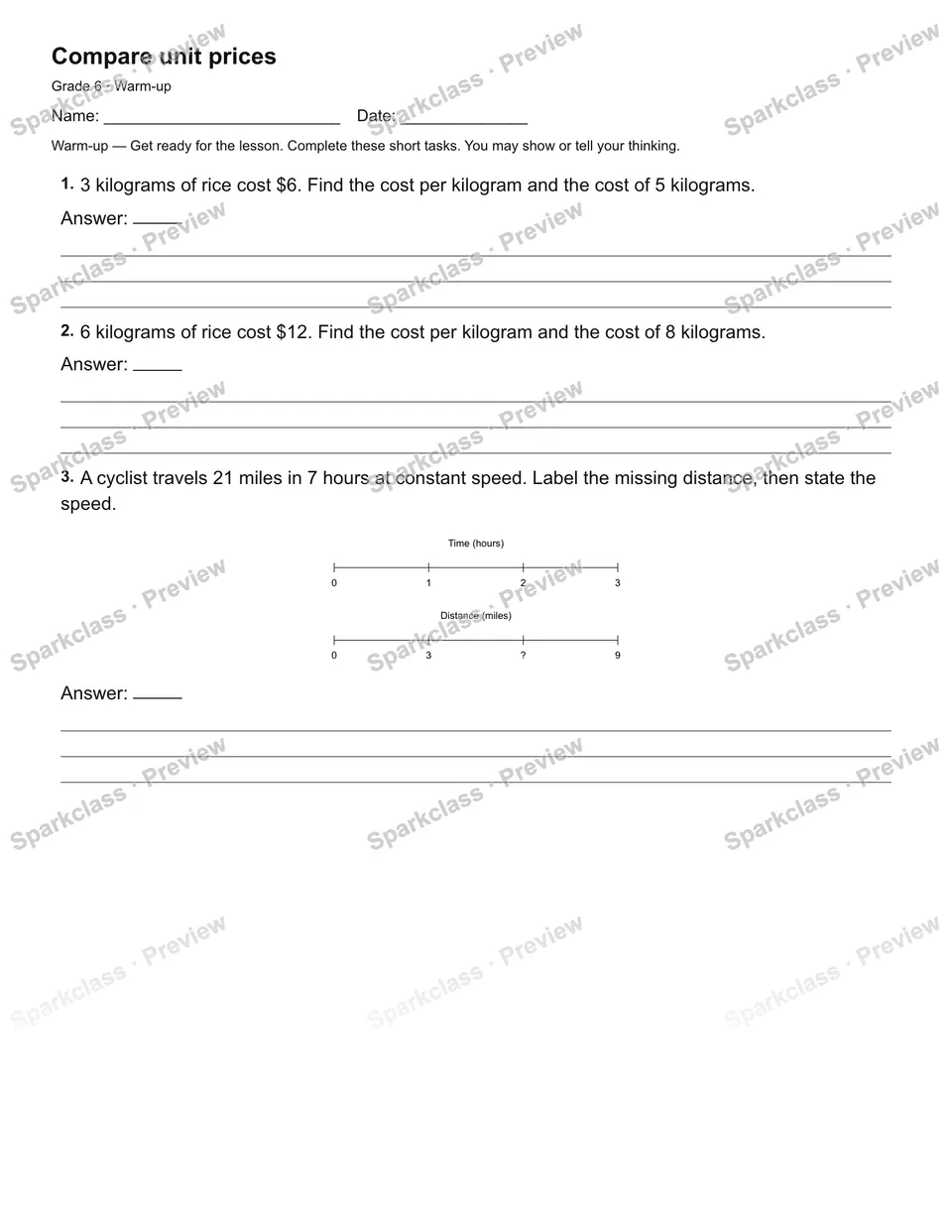 Compare unit prices — Warm-up — Grade 6 worksheet preview