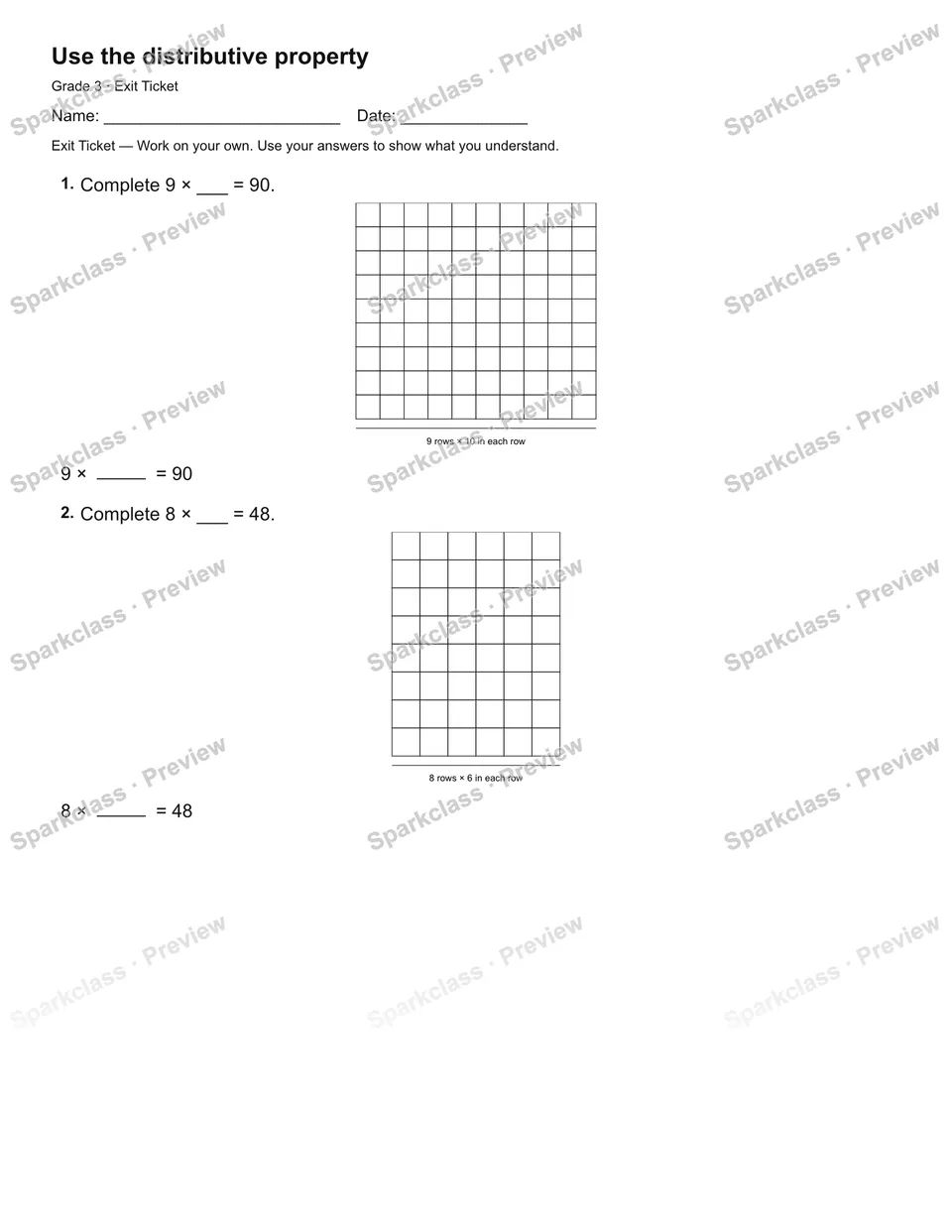 Use the distributive property — Exit Ticket — Grade 3 worksheet preview