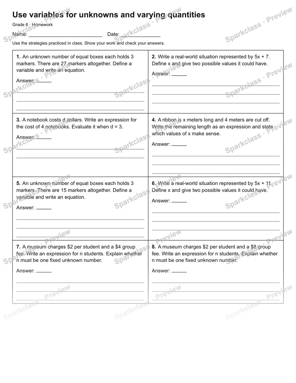 Use variables for unknowns and varying quantities — Homework — Grade 6 worksheet preview