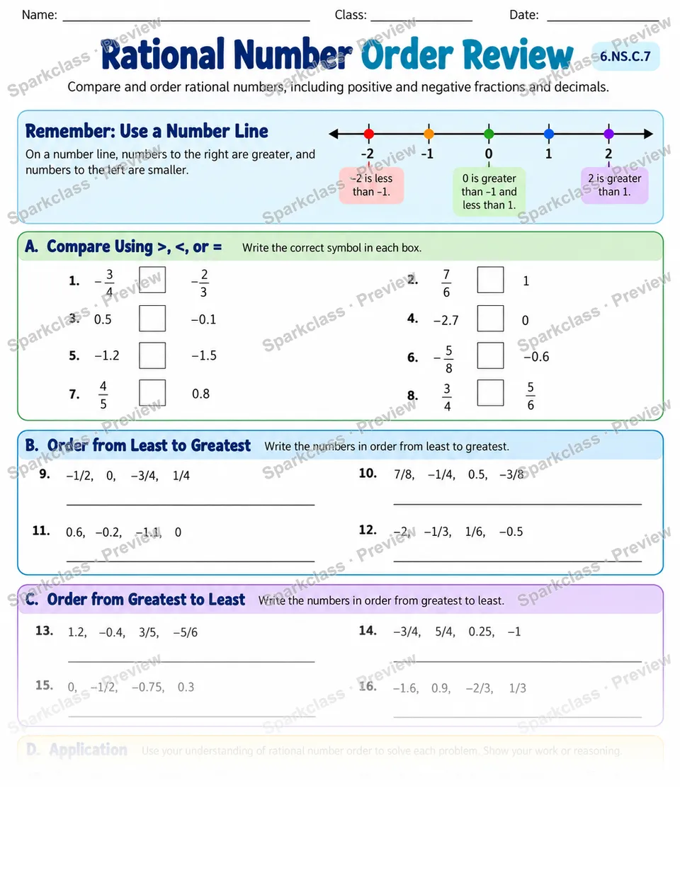 Rational Order — Grade 6 worksheet preview