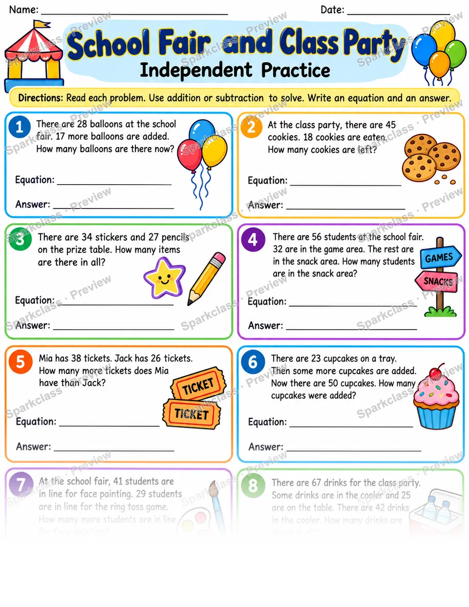 School Fair · Addition and Subtraction Word Problems — Grade 2 worksheet preview