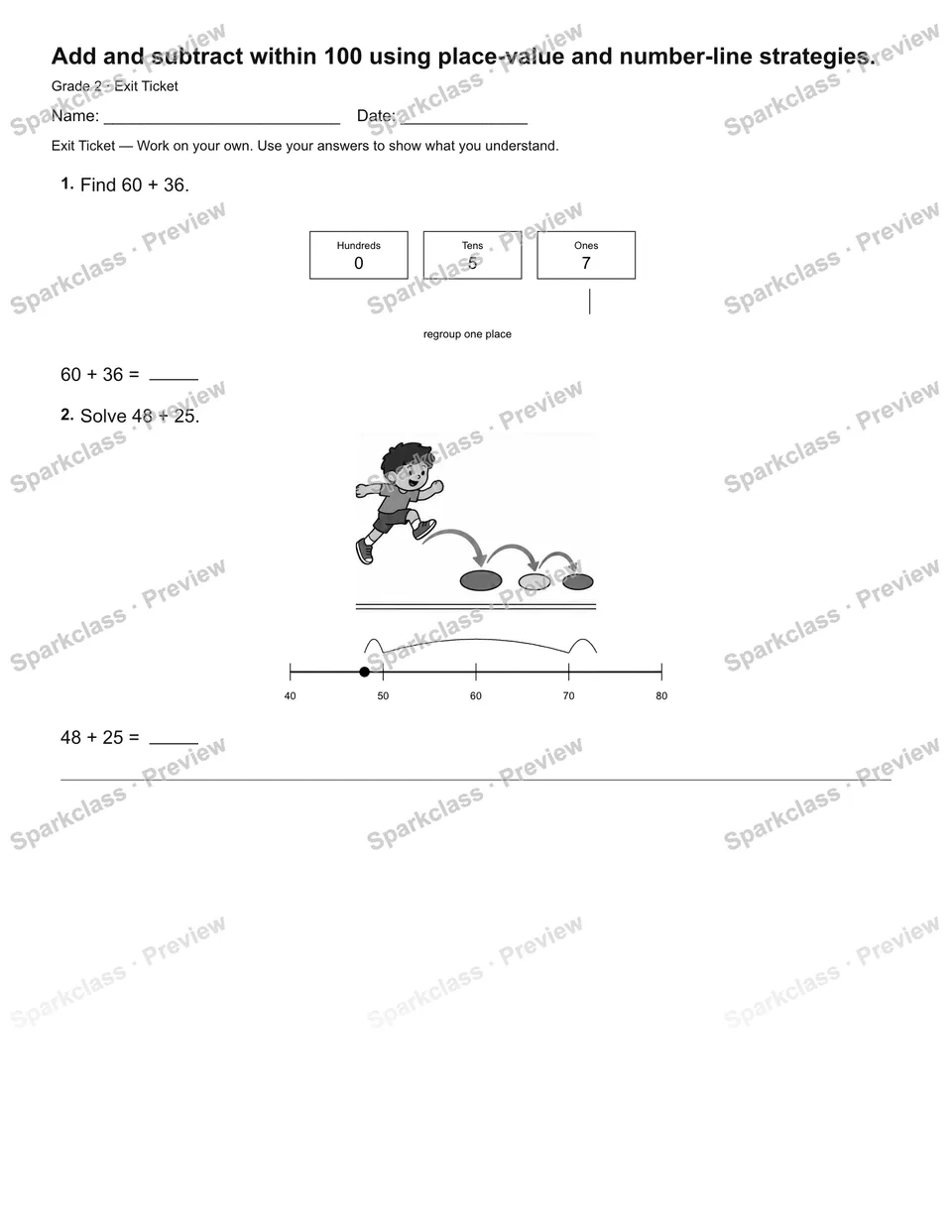 Add and subtract within 100 using place-value and number-line strategies. — Exit Ticket — Grade 2 worksheet preview