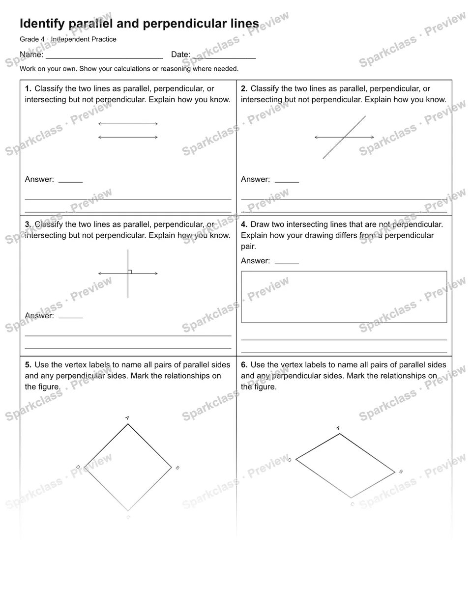 Identify parallel and perpendicular lines — Independent Practice — Grade 4 worksheet preview