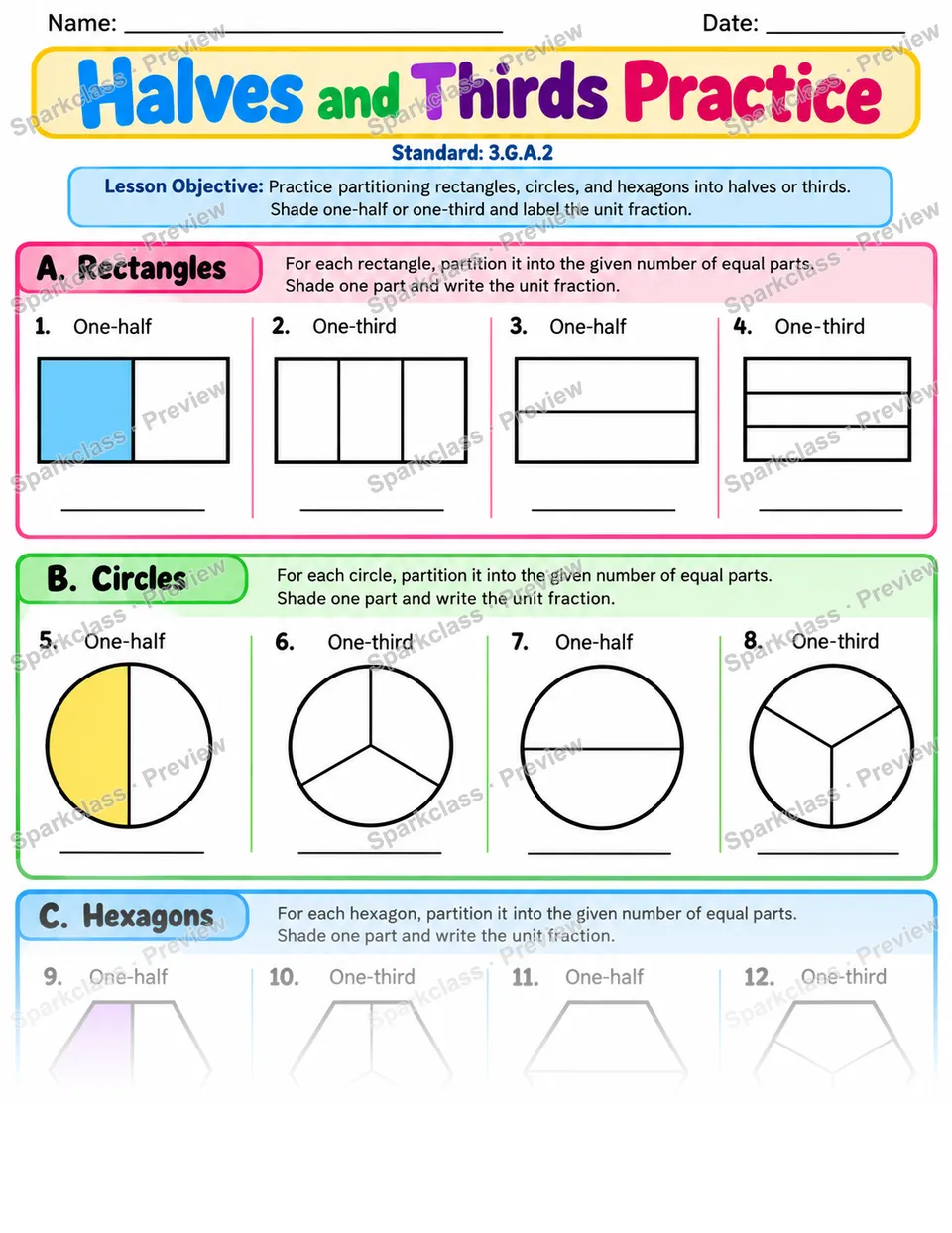 Halves And Thirds Practice — Grade 3 worksheet preview