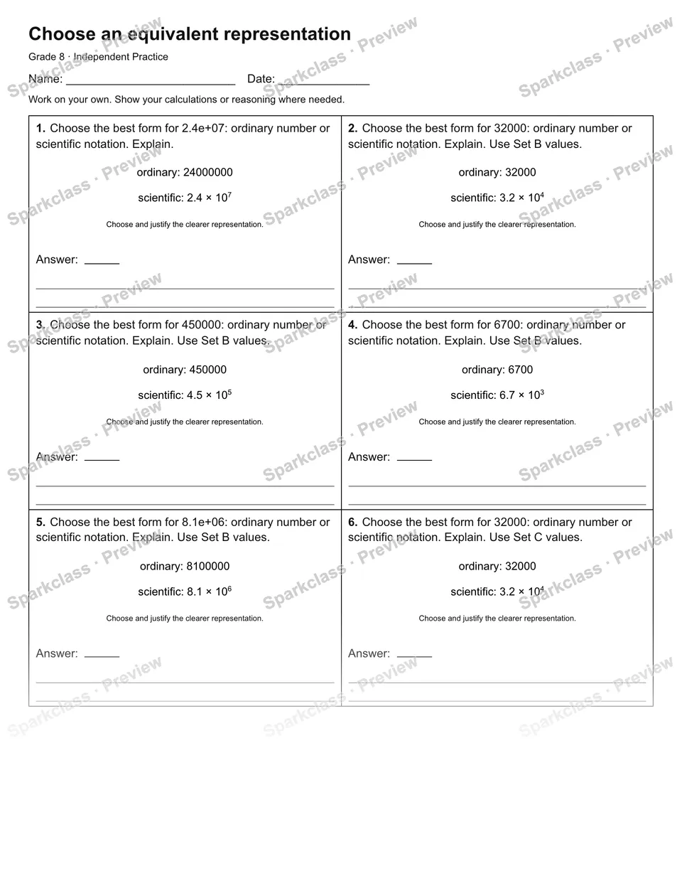 Choose an equivalent representation — Independent Practice — Grade 8 worksheet preview