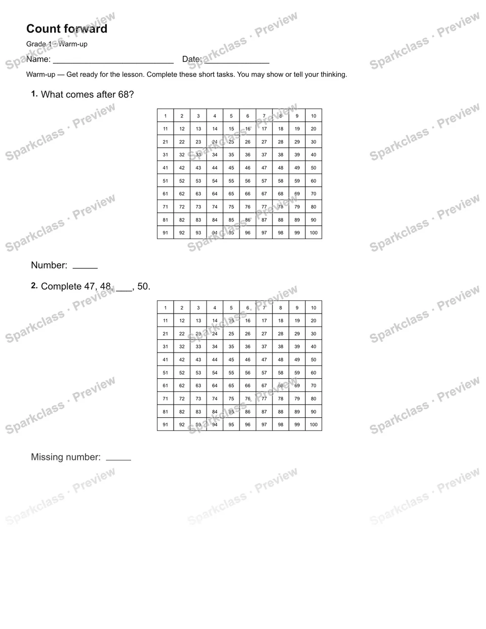 Count forward — Warm-up — Grade 1 worksheet preview