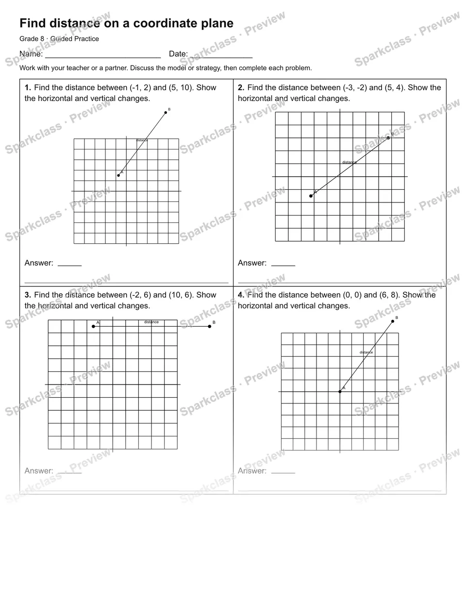 Find distance on a coordinate plane — Guided Practice — Grade 8 worksheet preview