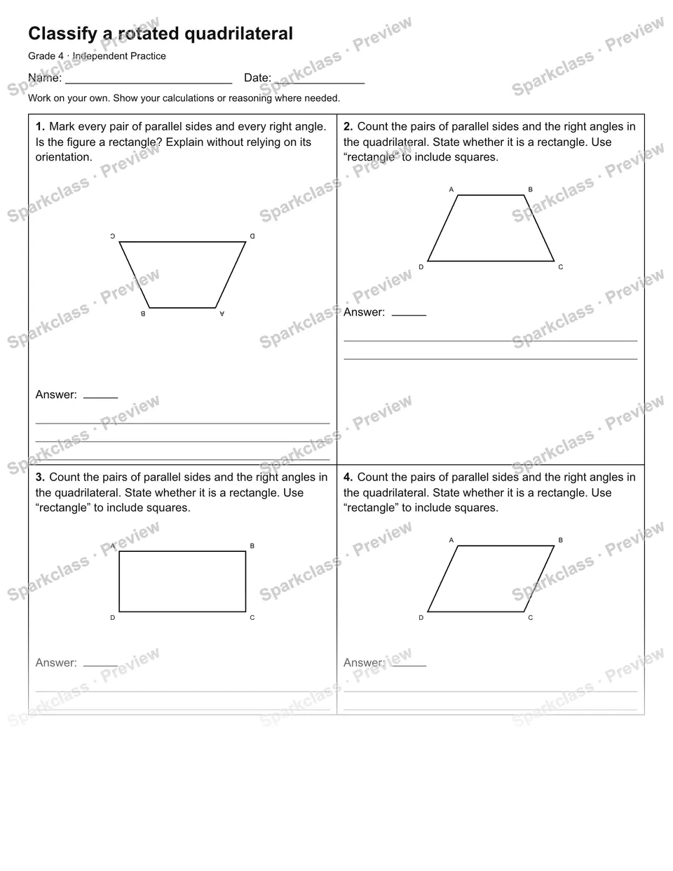 Classify a rotated quadrilateral — Independent Practice — Grade 4 worksheet preview