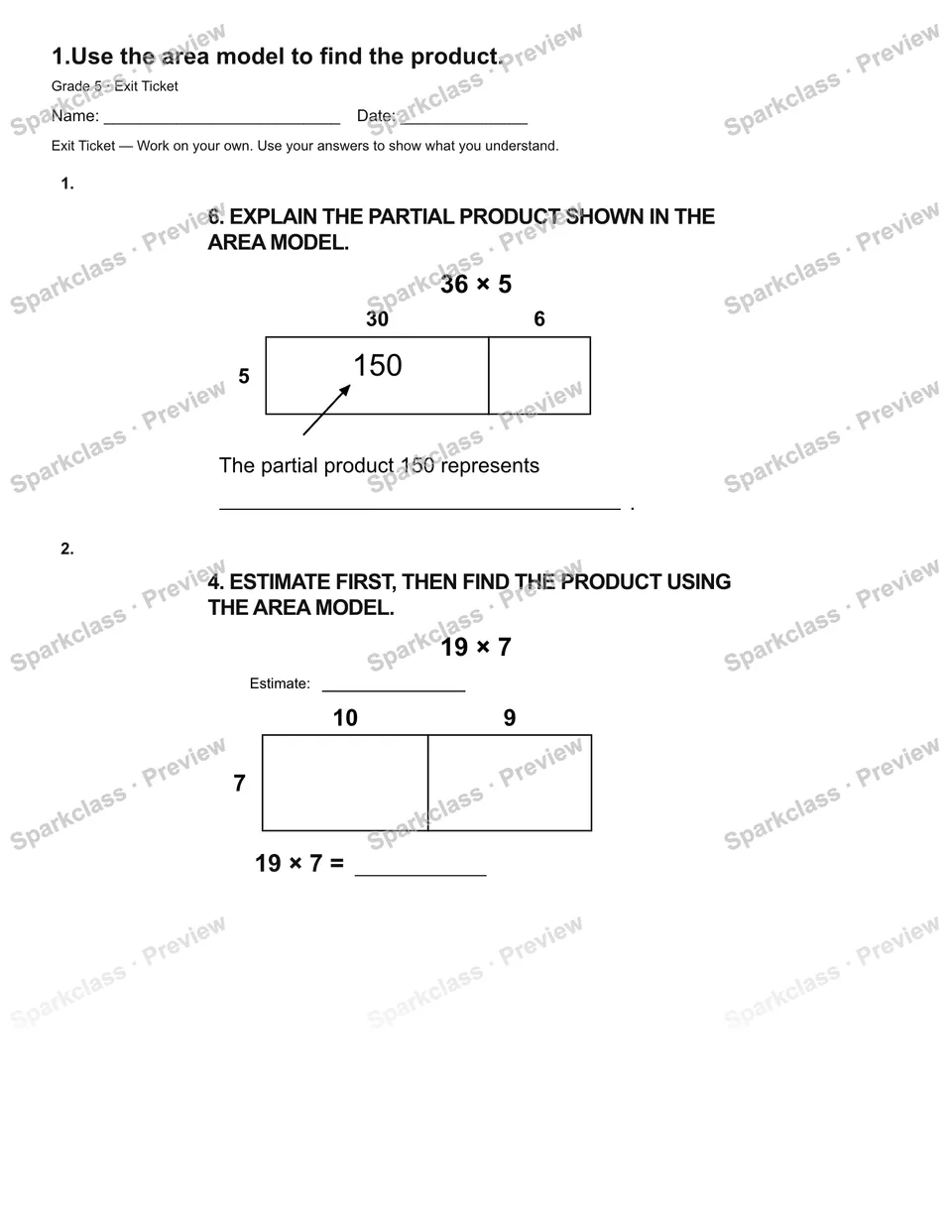 1.Use the area model to find the product. — Exit Ticket — Grade 5 worksheet preview