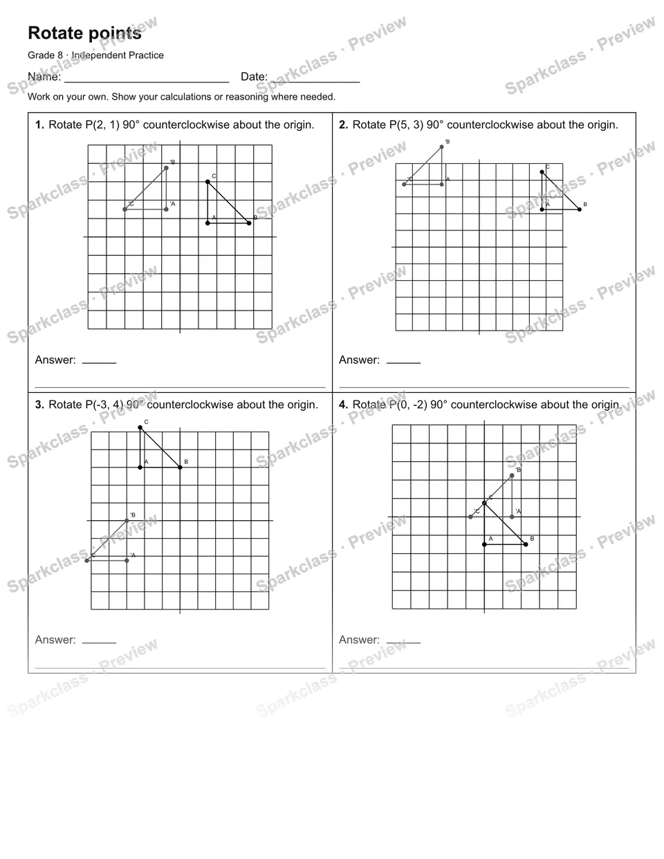 Rotate points — Independent Practice — Grade 8 worksheet preview