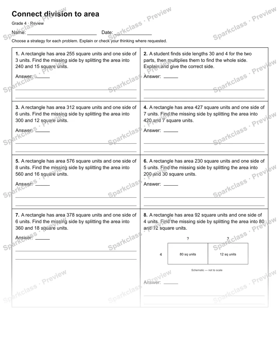 Connect division to area — Review — Grade 4 worksheet preview