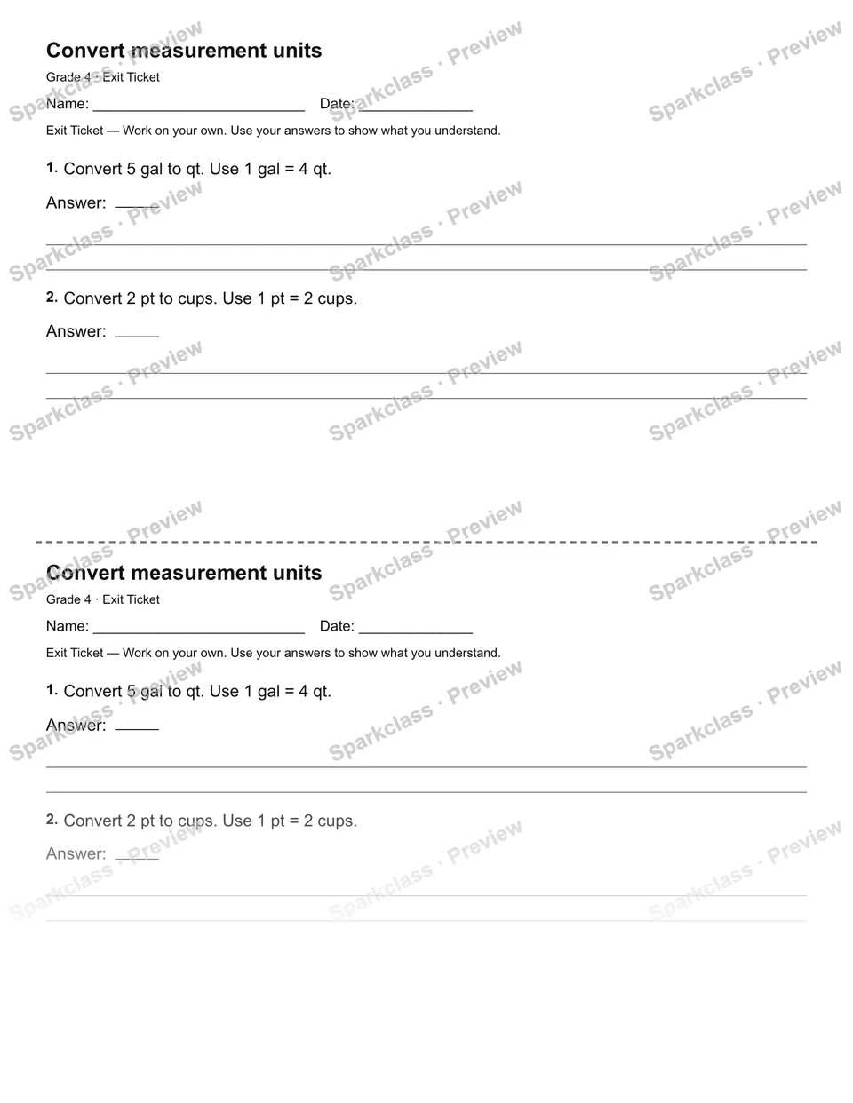 Convert measurement units — Exit Ticket — Grade 4 worksheet preview