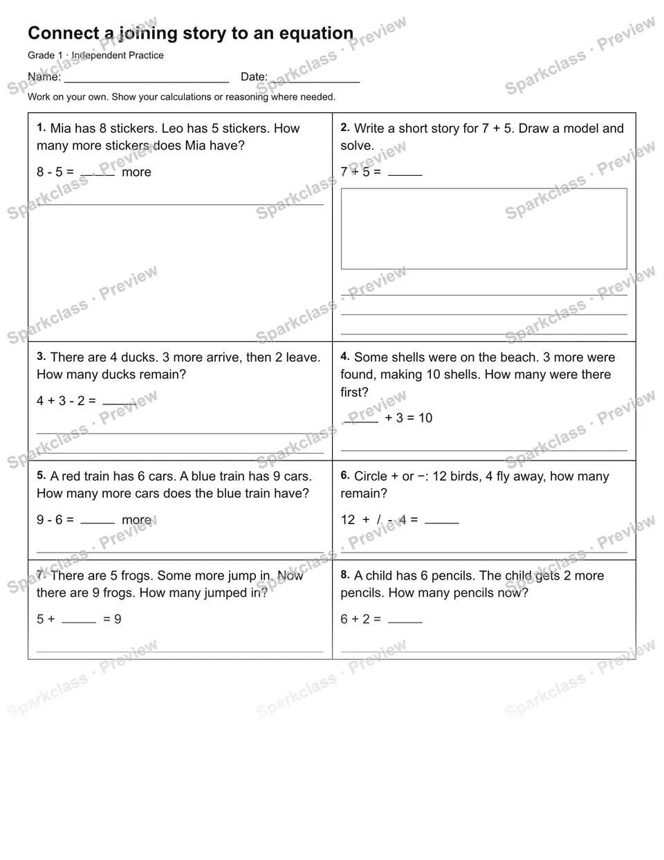 Connect a joining story to an equation — Independent Practice — Grade 1 worksheet preview