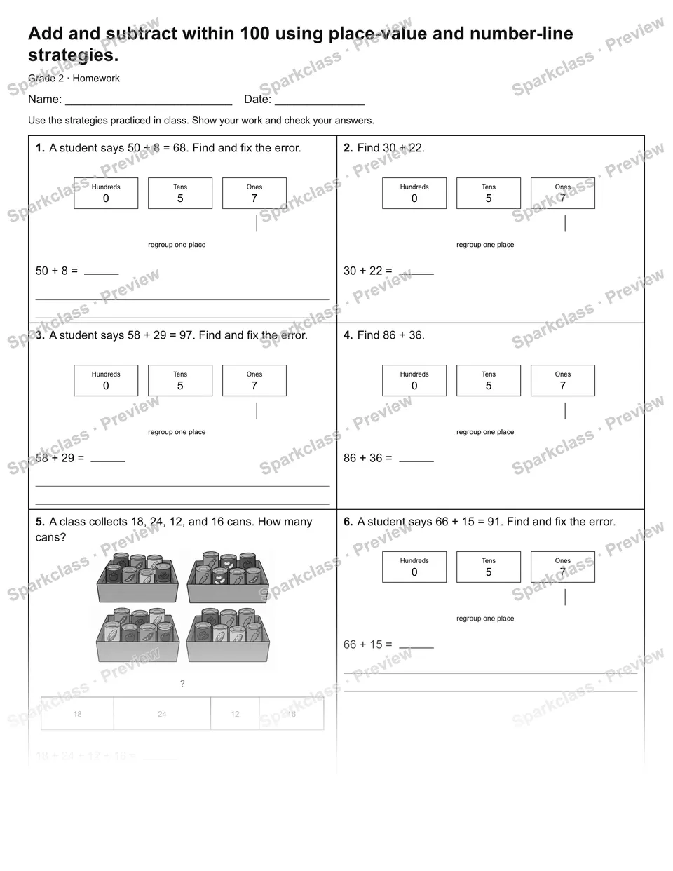 Add and subtract within 100 using place-value and number-line strategies. — Homework — Grade 2 worksheet preview