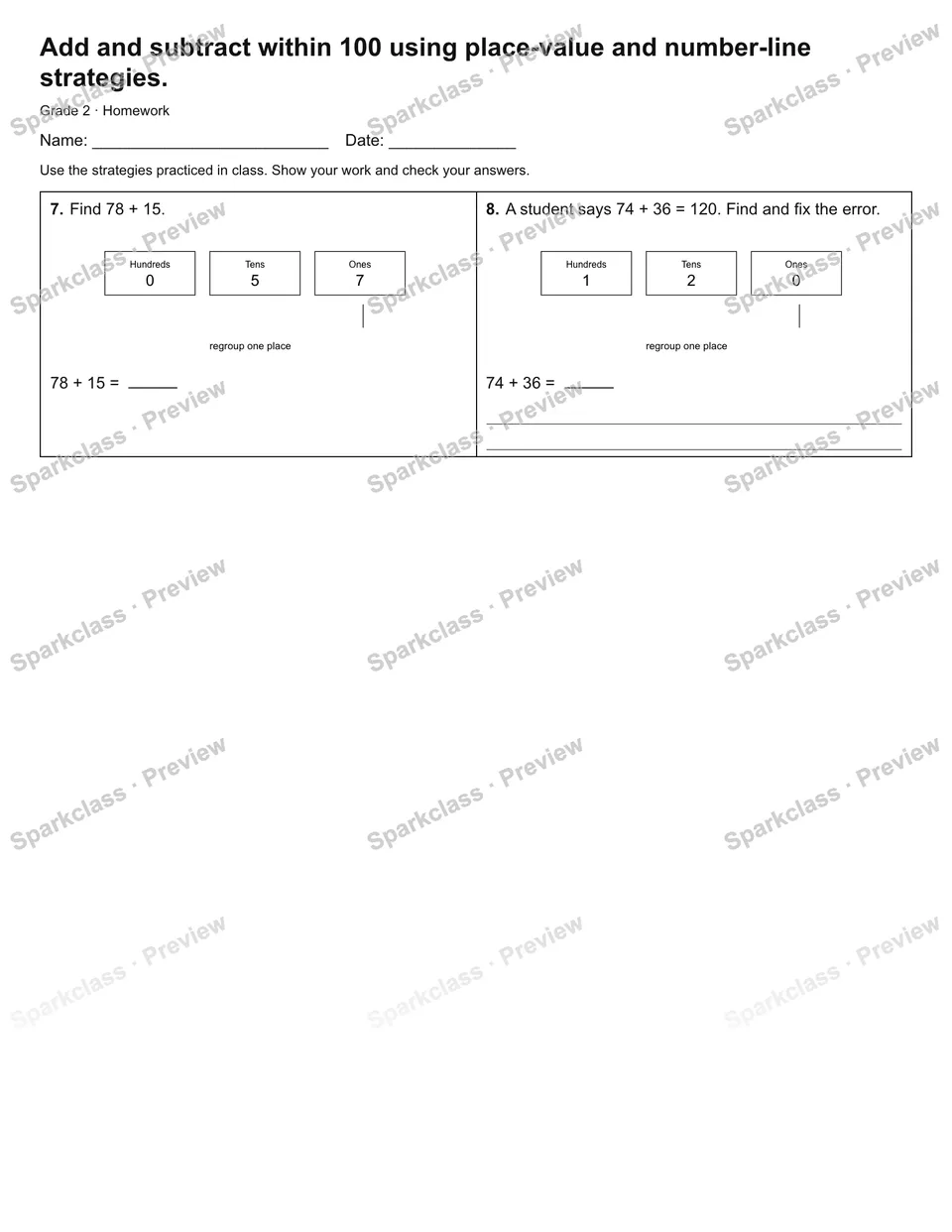 Add and subtract within 100 using place-value and number-line strategies. — Homework — page 2
