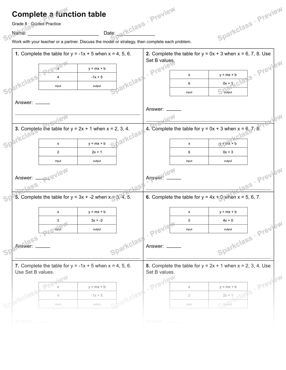 Complete a function table — Guided Practice — Grade 8 worksheet preview