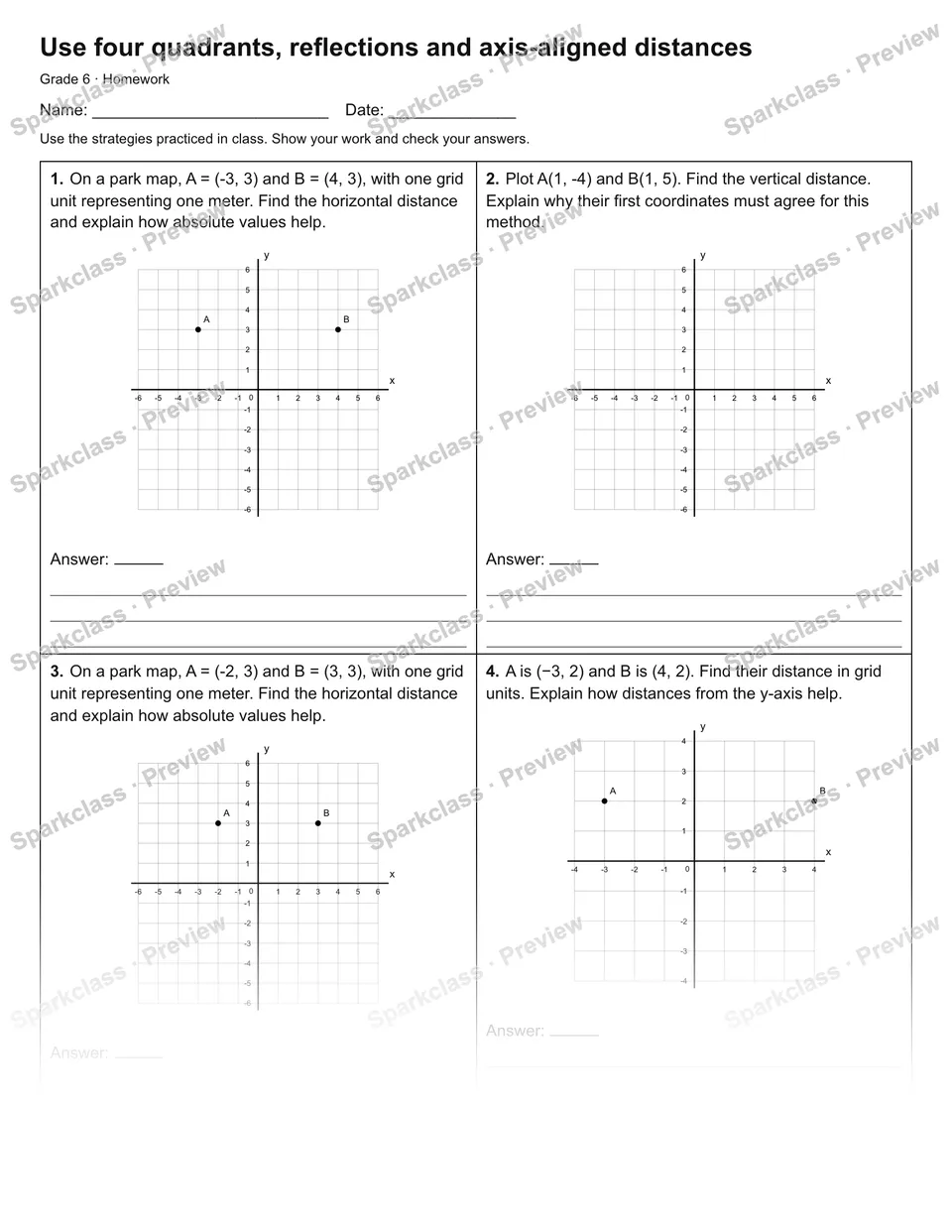 Use four quadrants, reflections and axis-aligned distances — Homework — Grade 6 worksheet preview