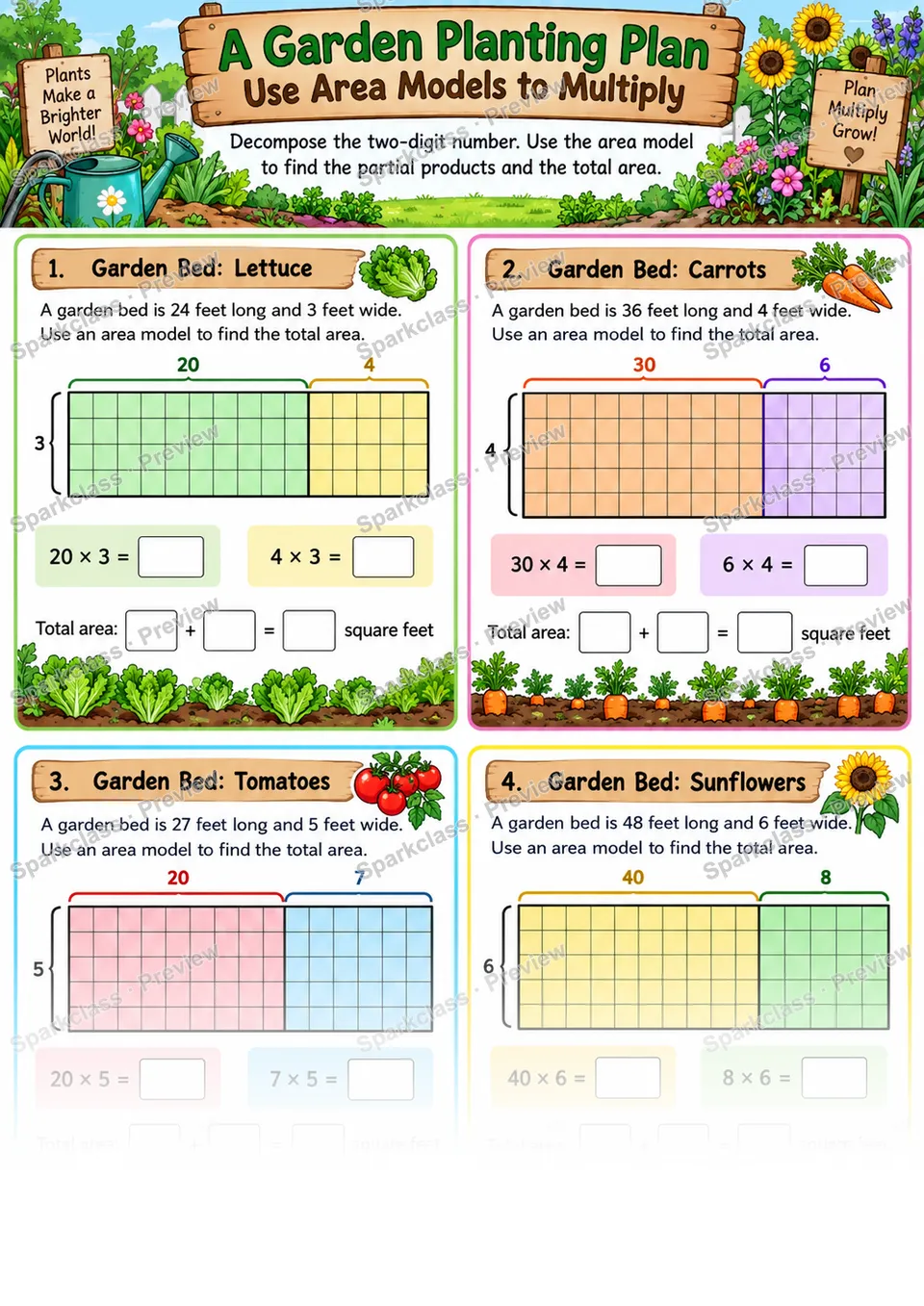 Area Models for Multiplication — Grade 4 worksheet preview