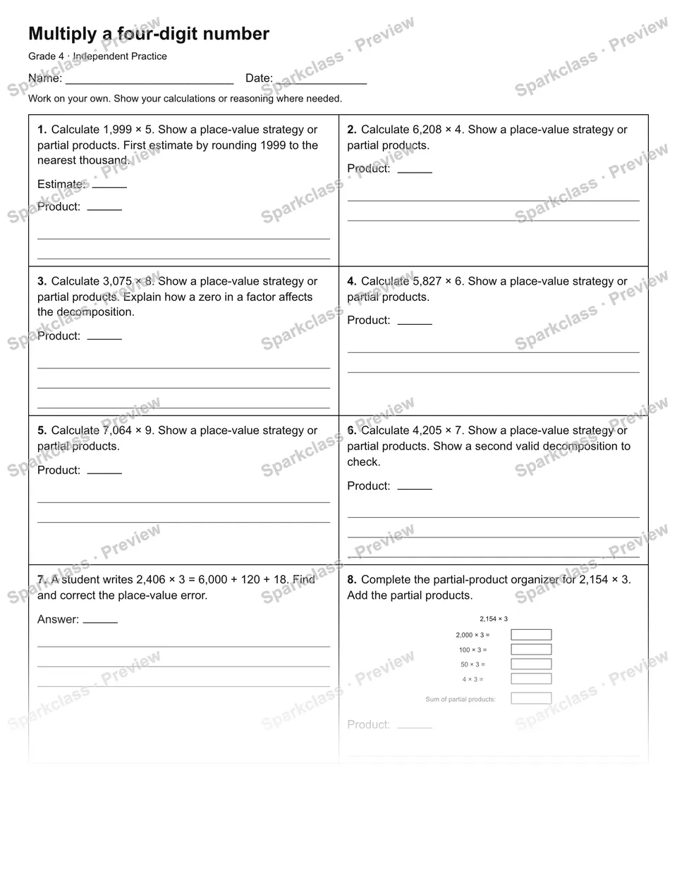 Multiply a four-digit number — Independent Practice — Grade 4 worksheet preview