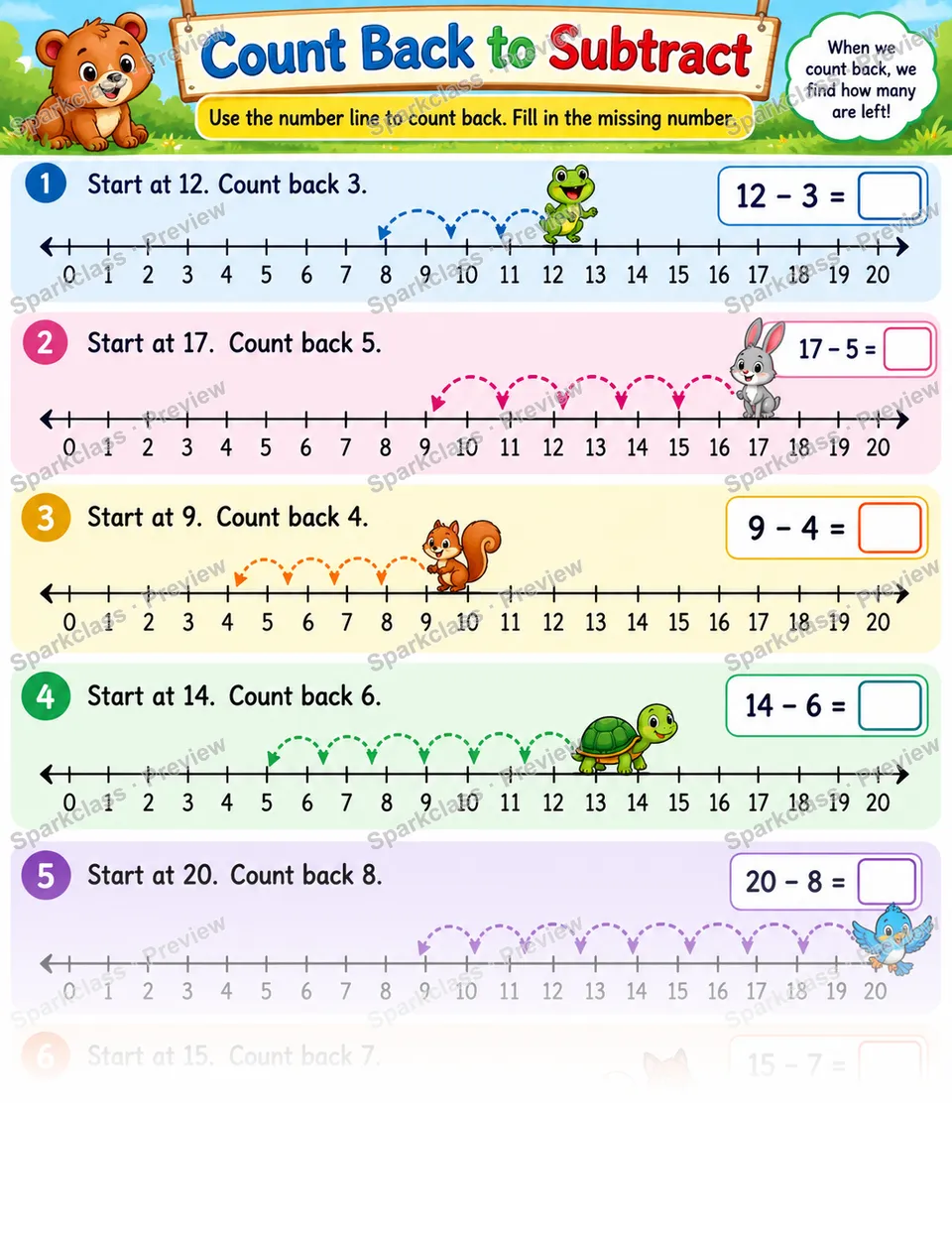 Count Back Subtraction — Grade 1 worksheet preview