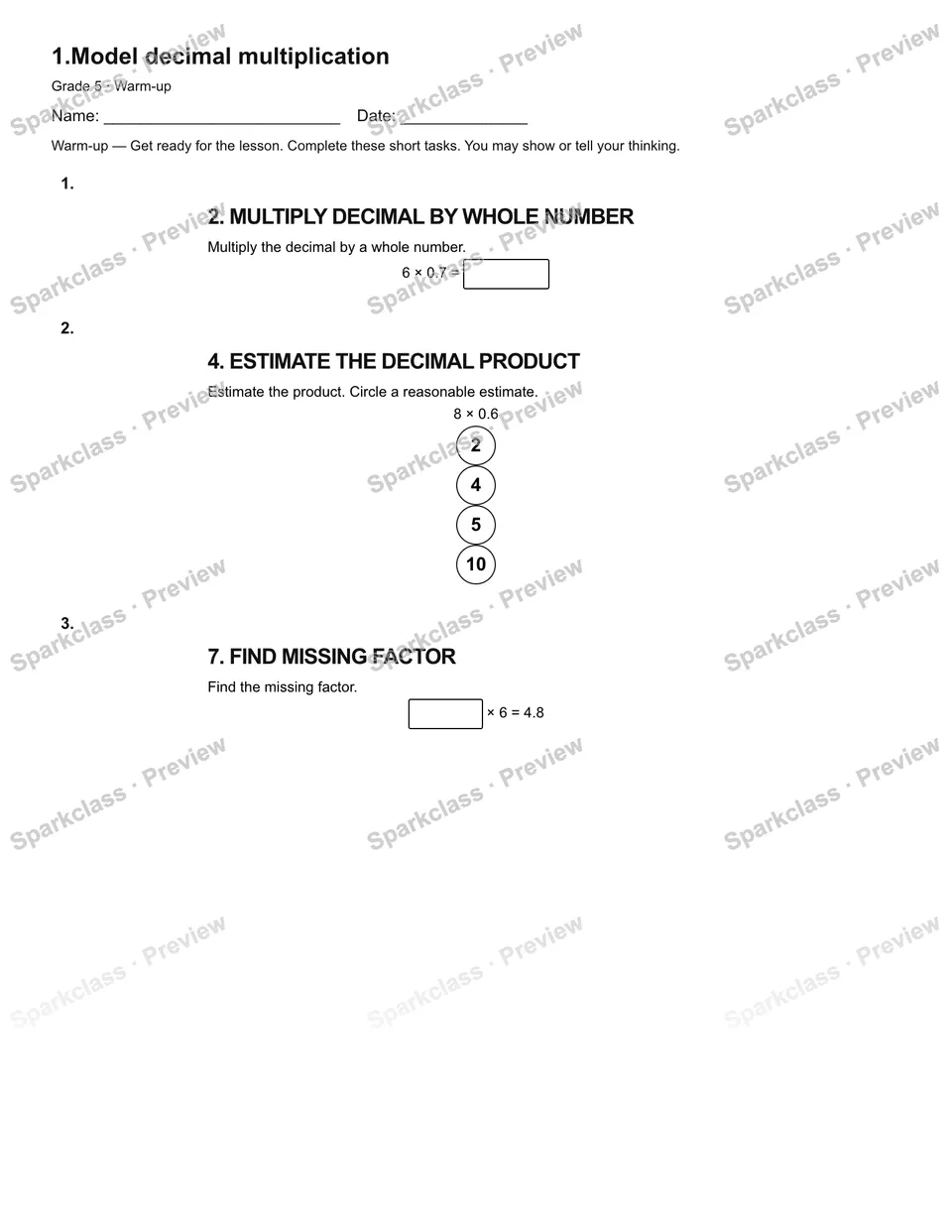 1.Model decimal multiplication — Warm-up — Grade 5 worksheet preview