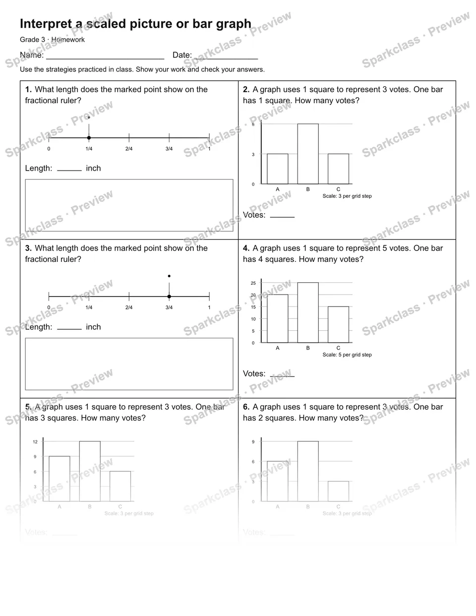 Interpret a scaled picture or bar graph — Homework — Grade 3 worksheet preview