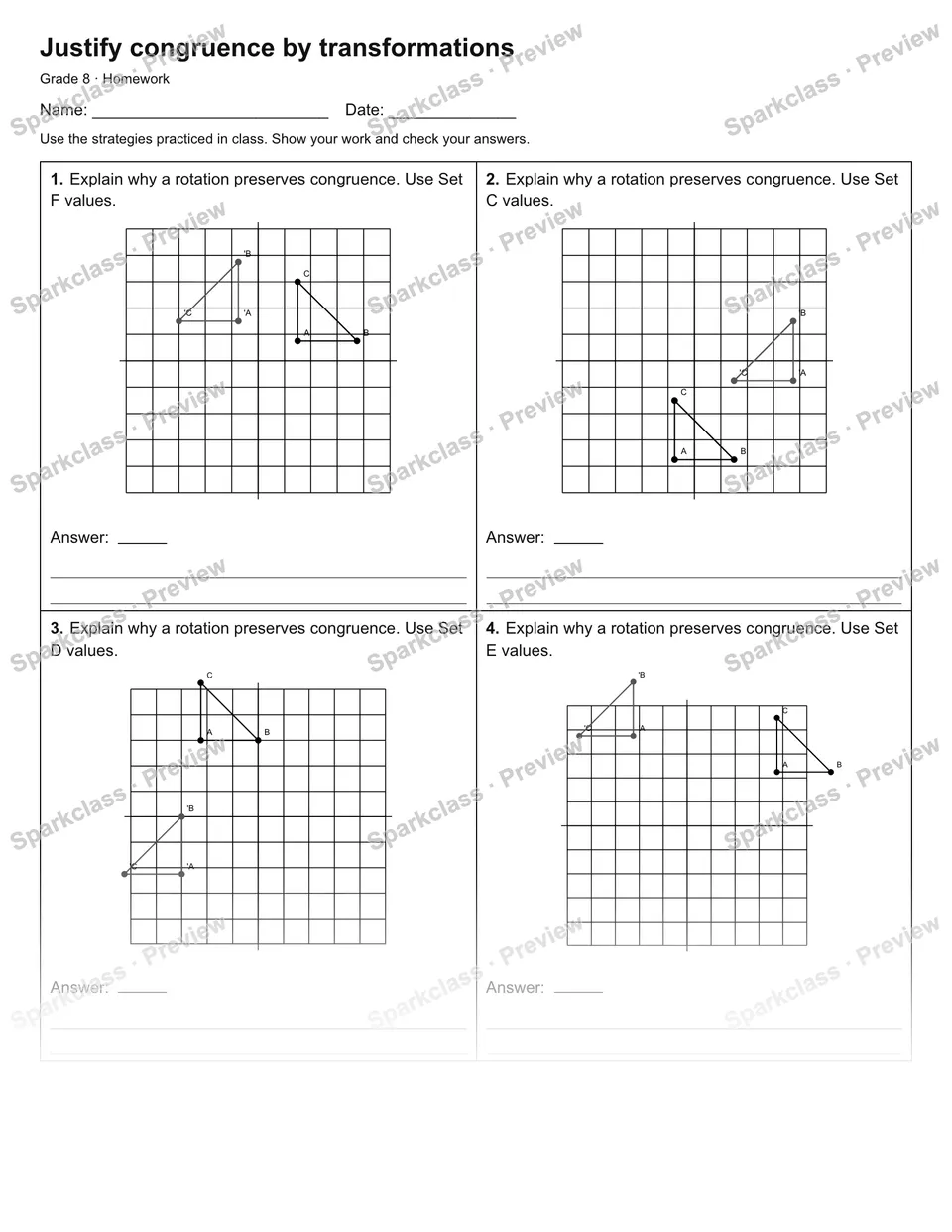 Justify congruence by transformations — Homework — Grade 8 worksheet preview
