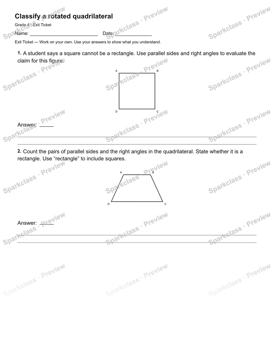 Classify a rotated quadrilateral — Exit Ticket — Grade 4 worksheet preview