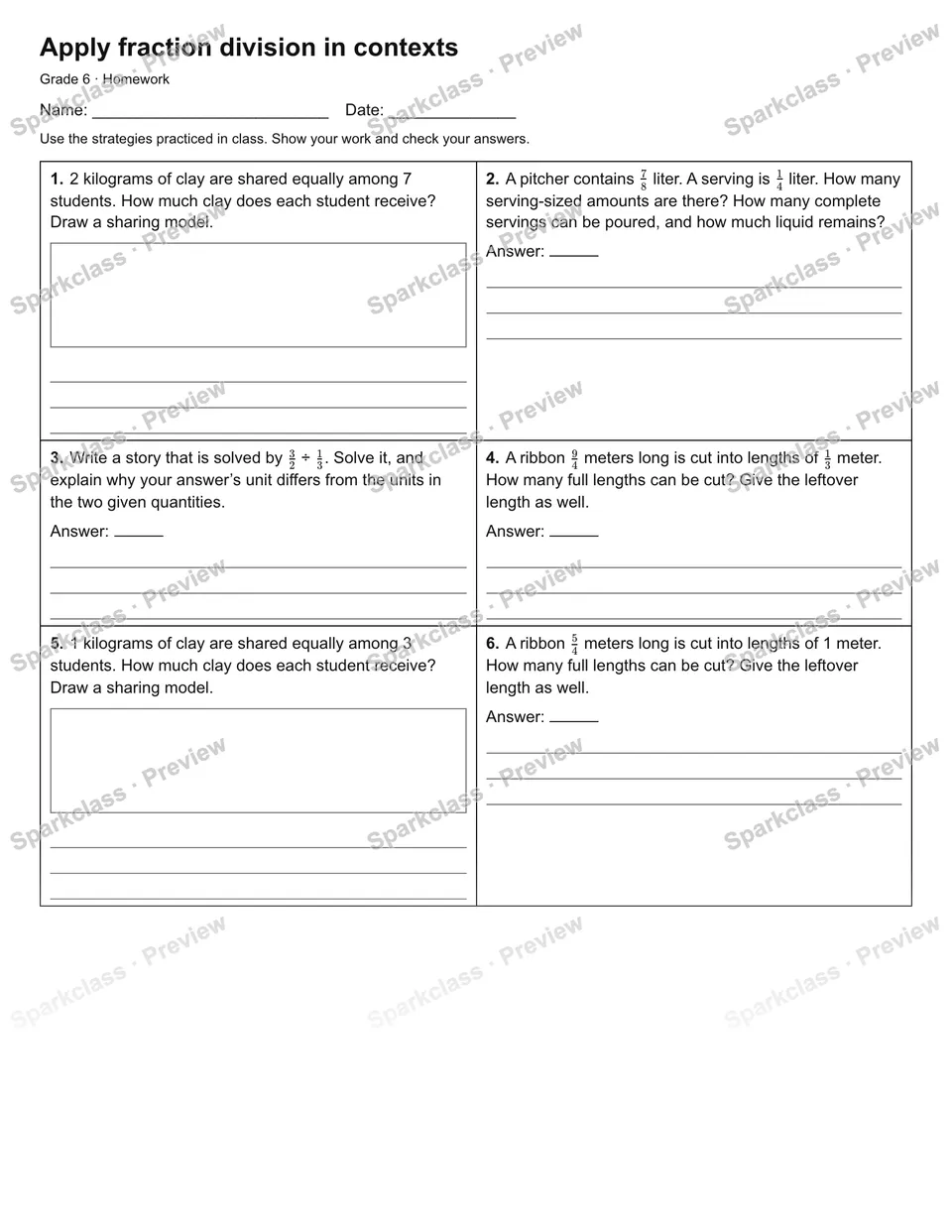 Apply fraction division in contexts — Homework — Grade 6 worksheet preview
