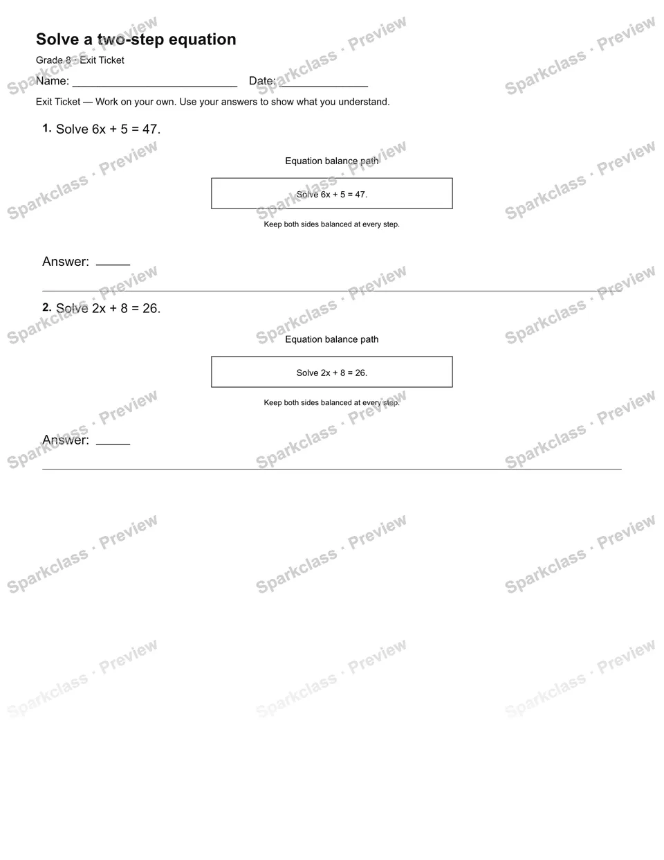 Solve a two-step equation — Exit Ticket — page 2