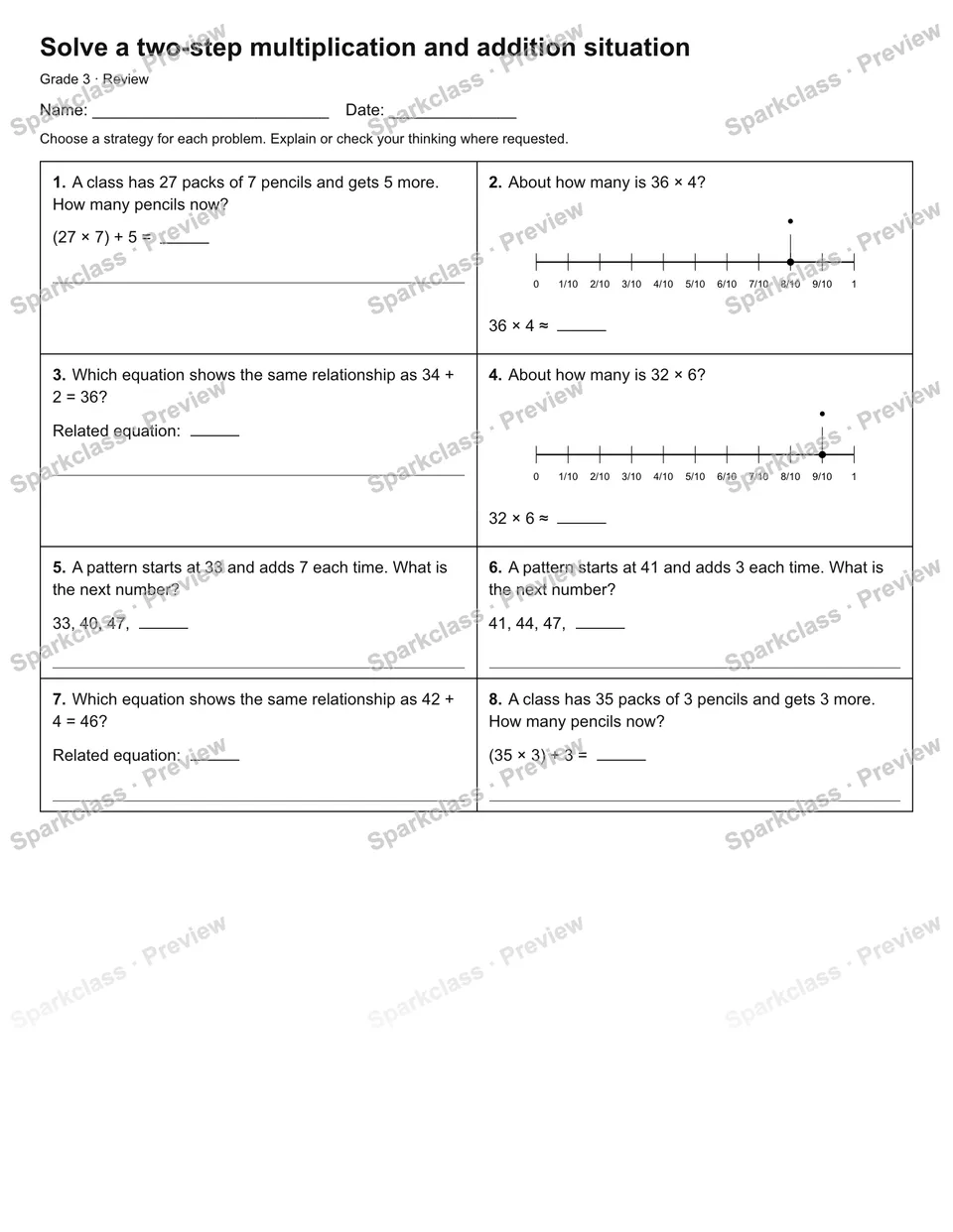Solve a two-step multiplication and addition situation — Review — Grade 3 worksheet preview