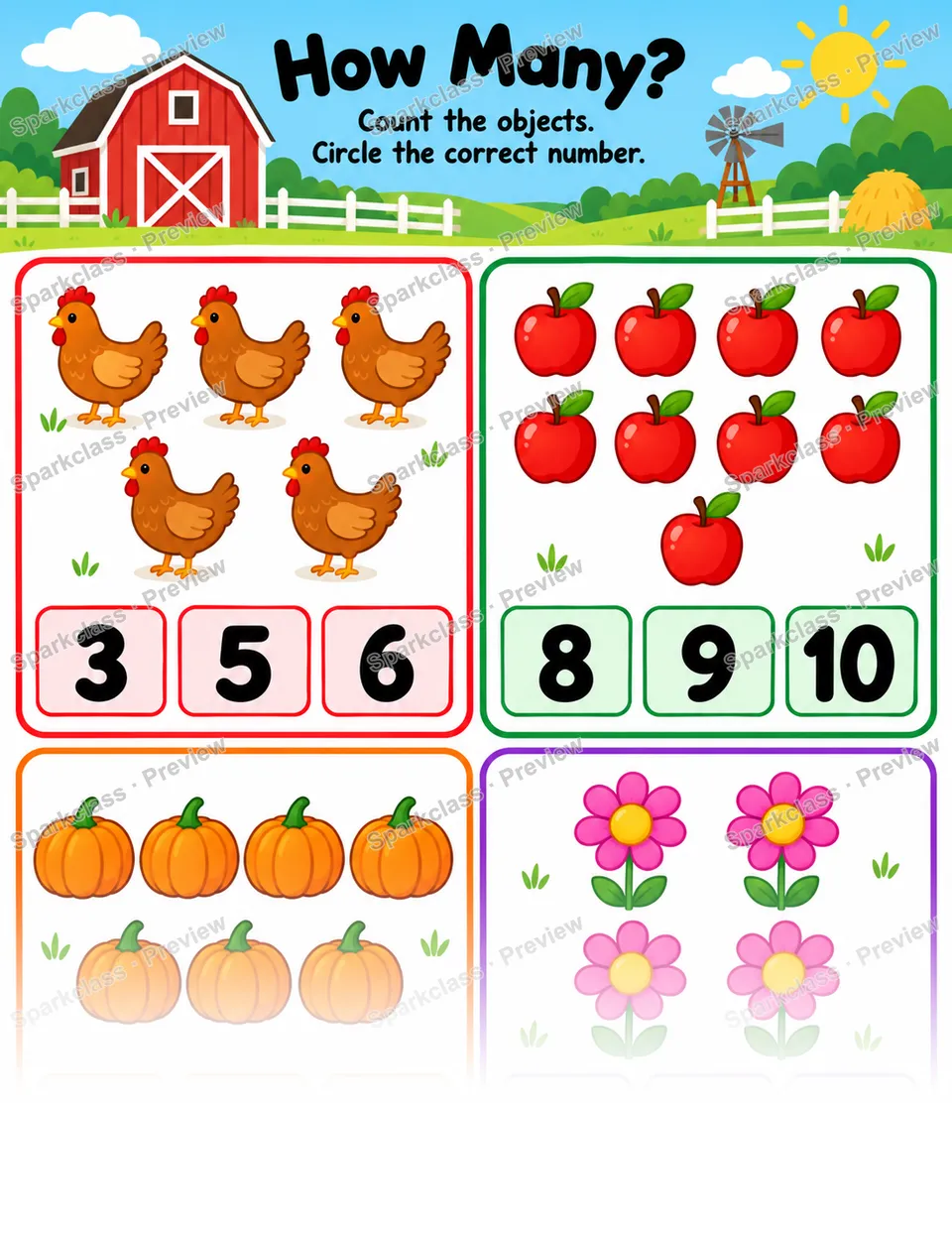 Basic Count and Circle · Farm — Kindergarten worksheet preview