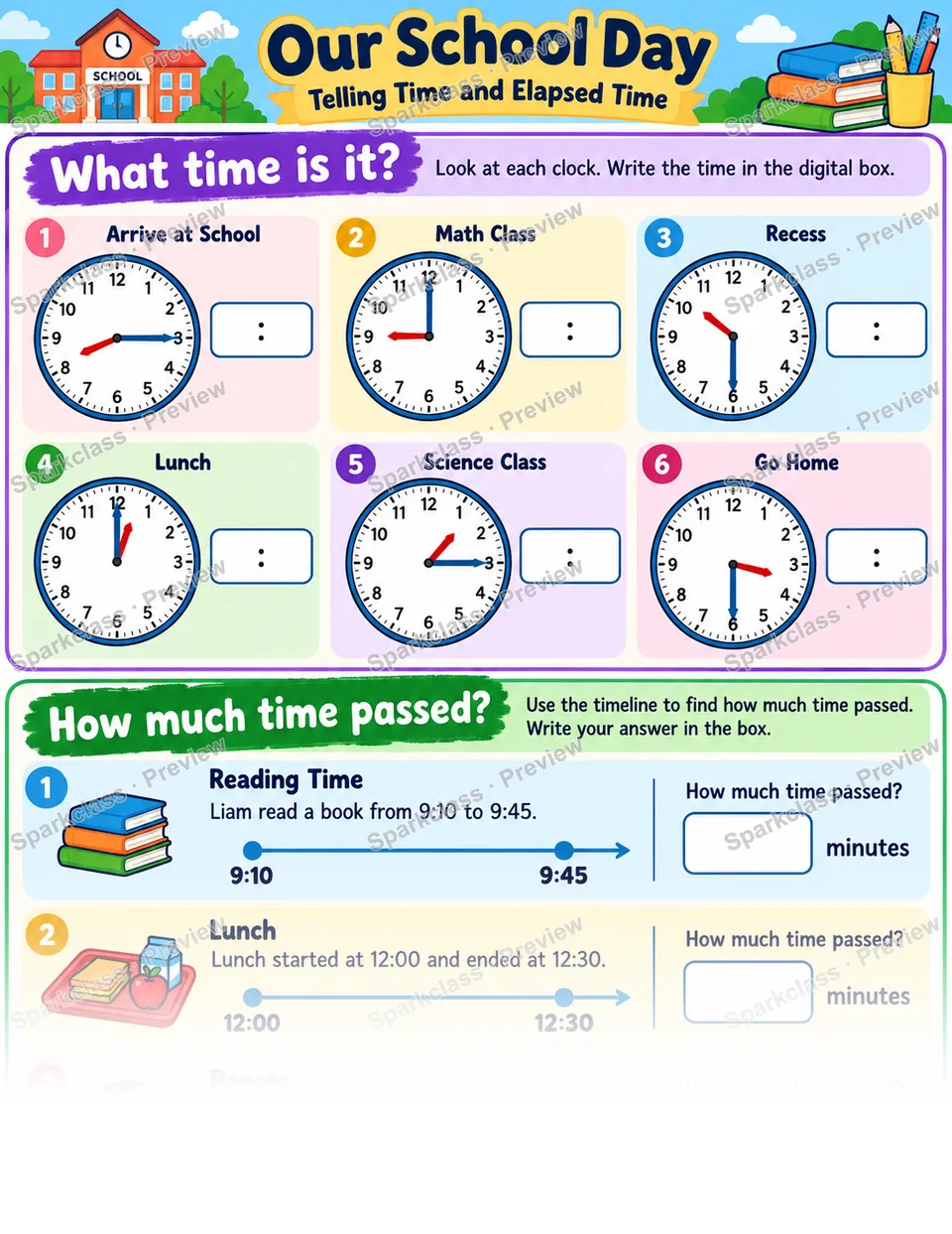 Time and Elapsed Time — Grade 3 worksheet preview