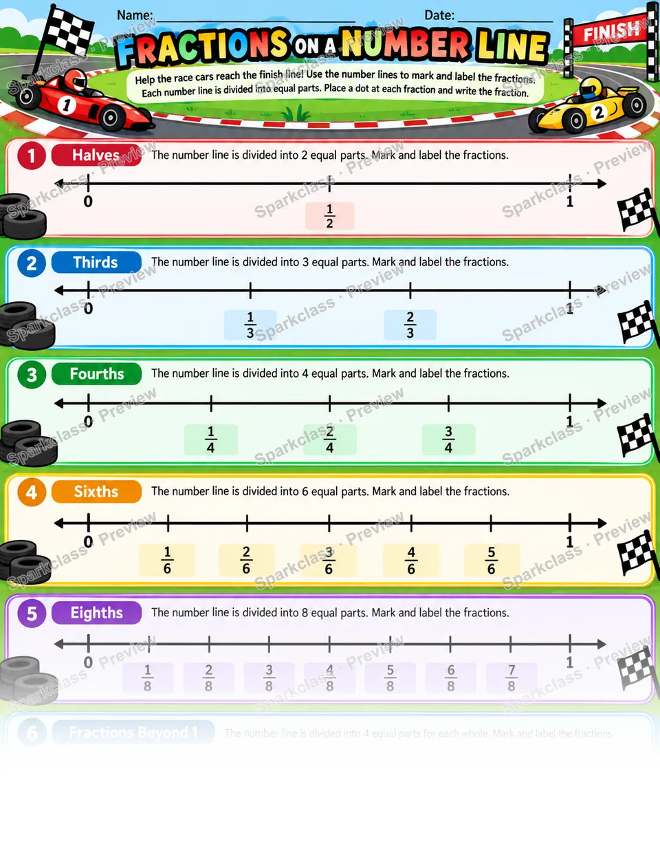 Fraction Number Line Race — Grade 3 worksheet preview