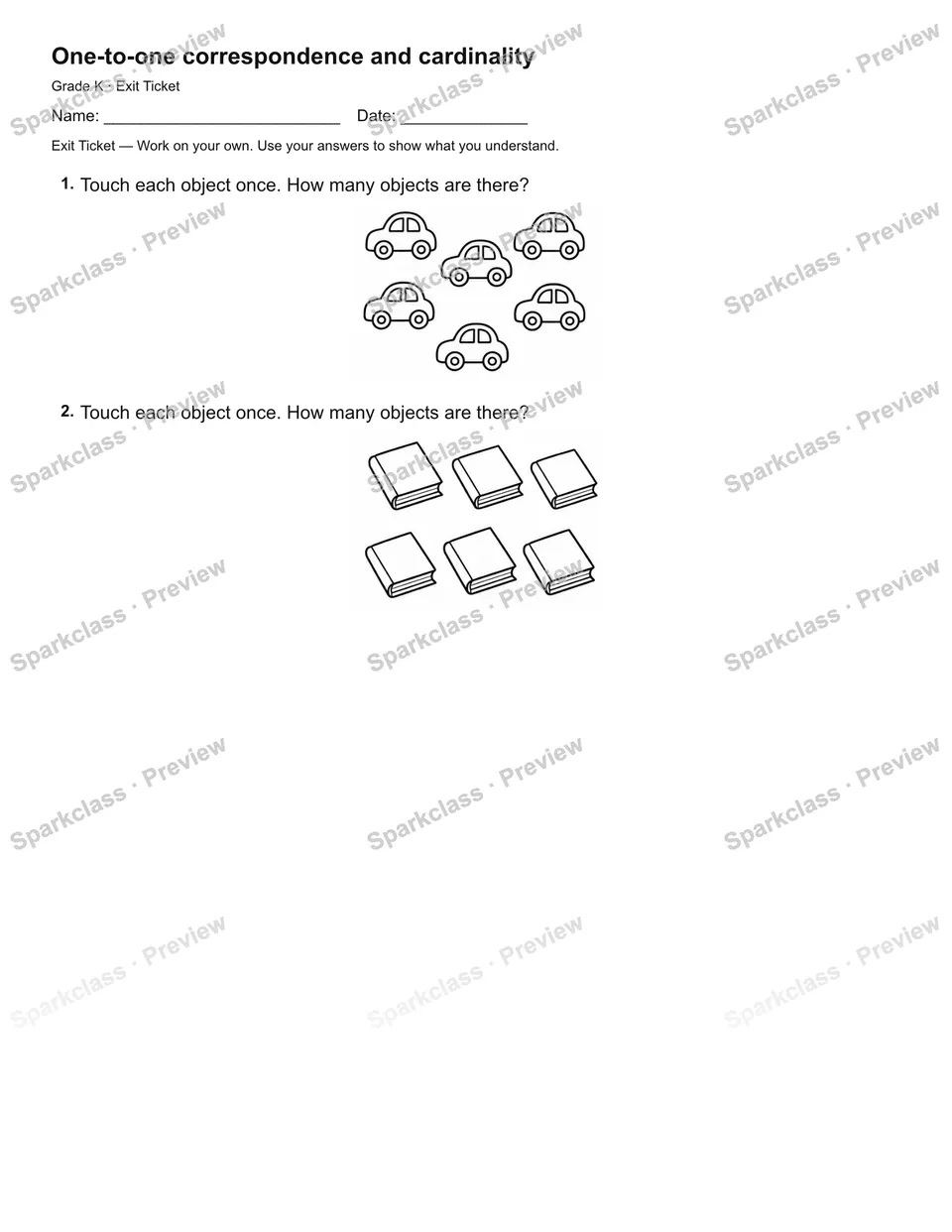One-to-one correspondence and cardinality — Exit Ticket — page 2
