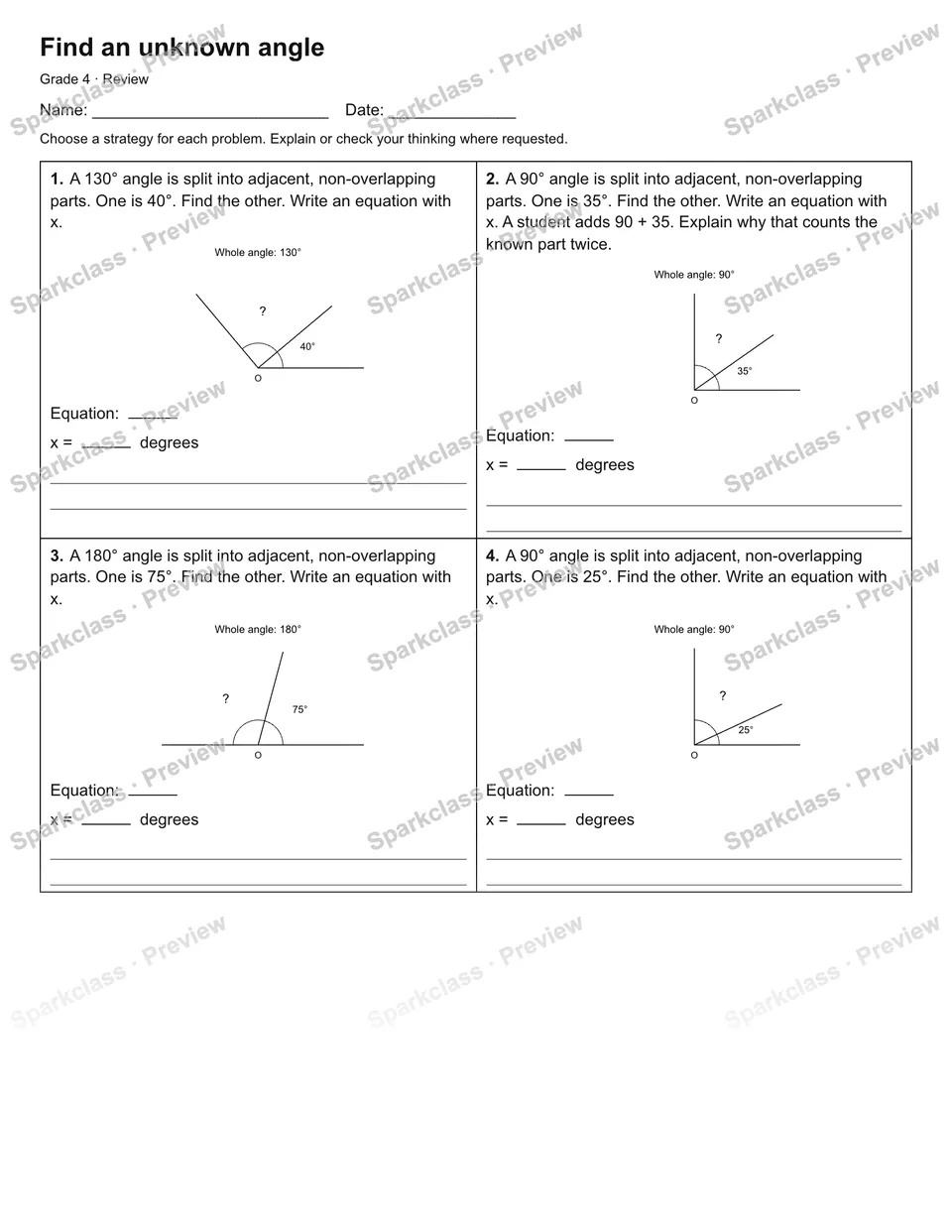 Find an unknown angle — Review — Grade 4 worksheet preview