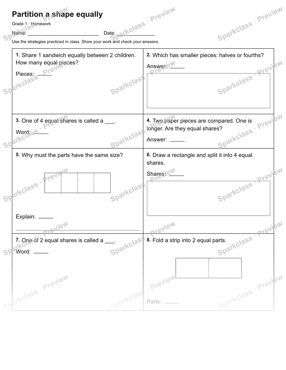 Partition a shape equally — Homework — Grade 1 worksheet preview
