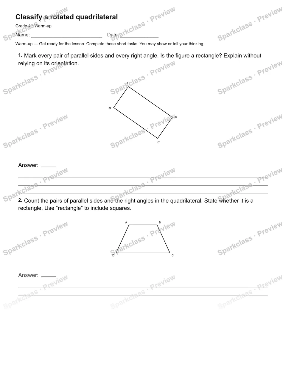 Classify a rotated quadrilateral — Warm-up — Grade 4 worksheet preview
