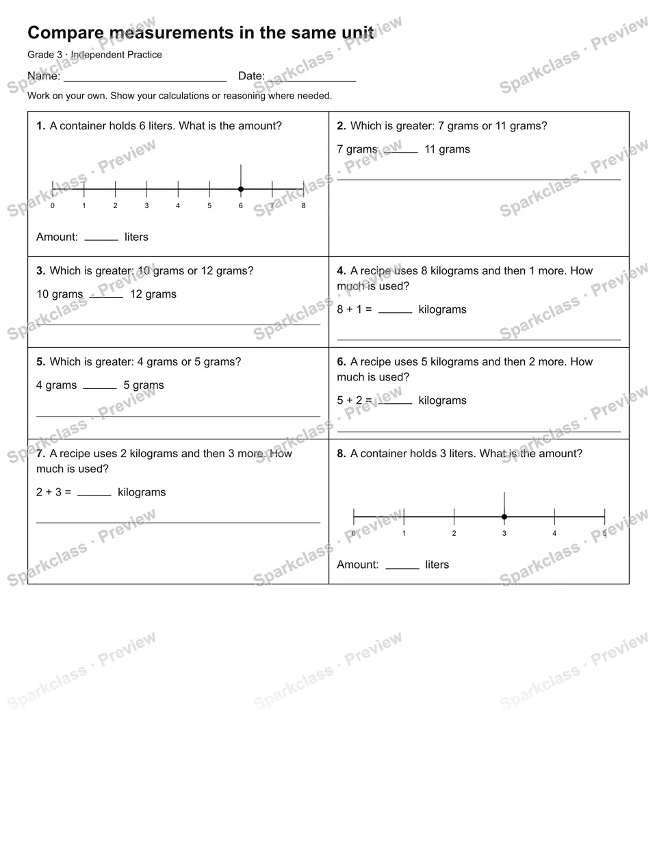 Compare measurements in the same unit — Independent Practice — Grade 3 worksheet preview