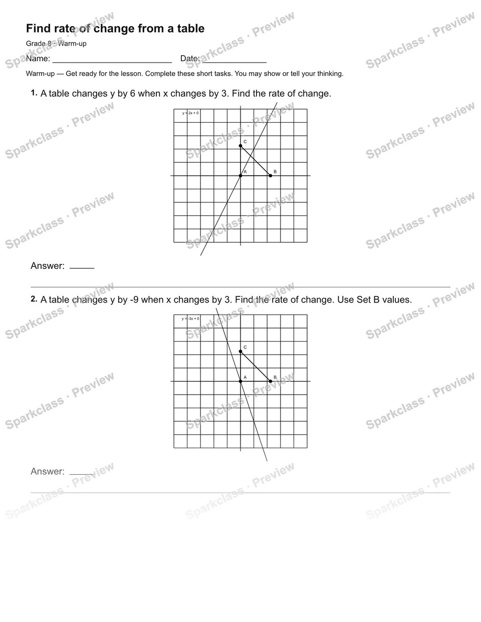 Find rate of change from a table — Warm-up — Grade 8 worksheet preview