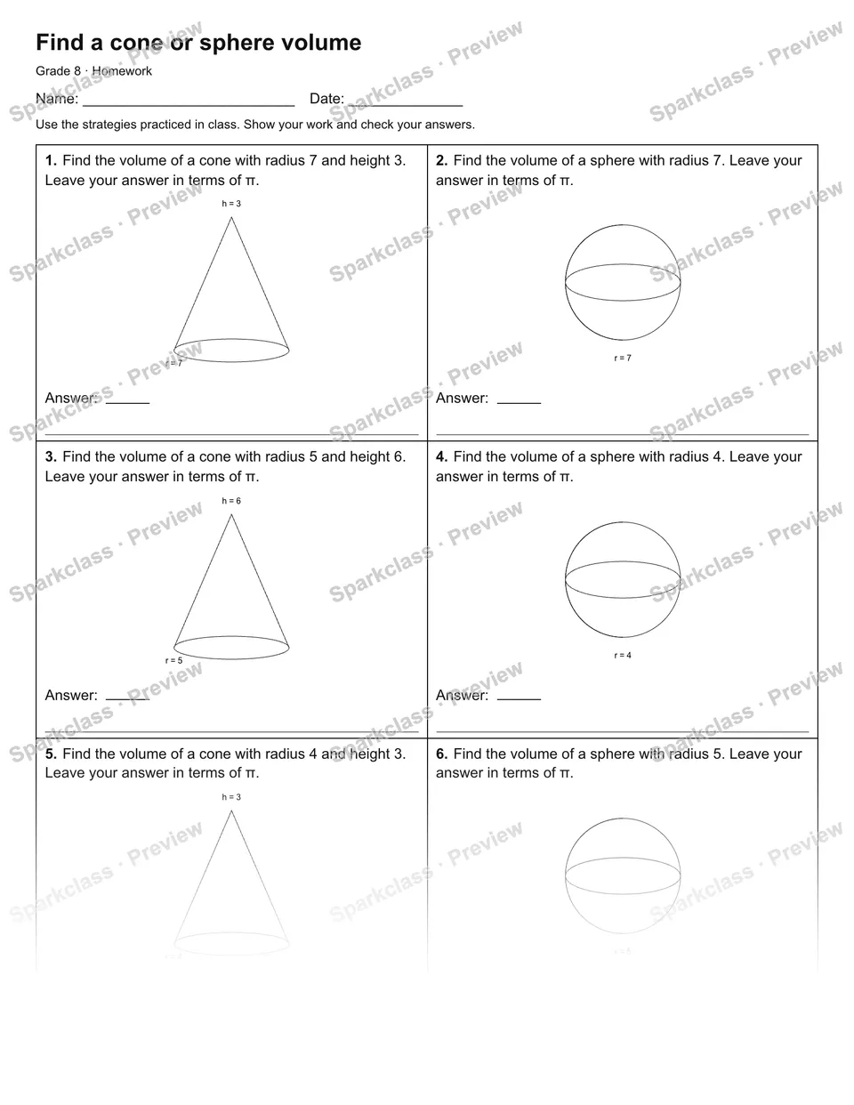 Find a cone or sphere volume — Homework — Grade 8 worksheet preview