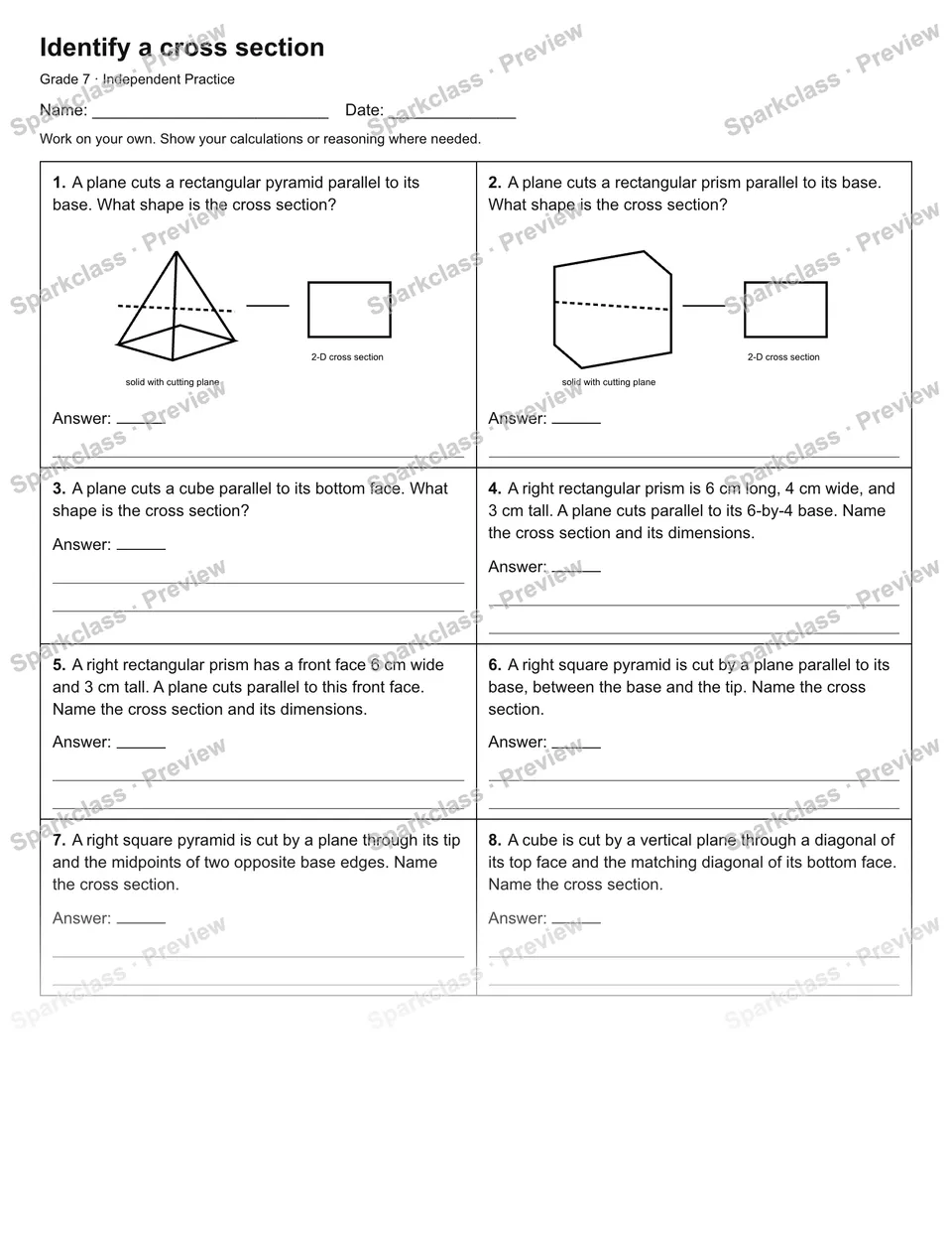 Identify a cross section — Independent Practice — Grade 7 worksheet preview