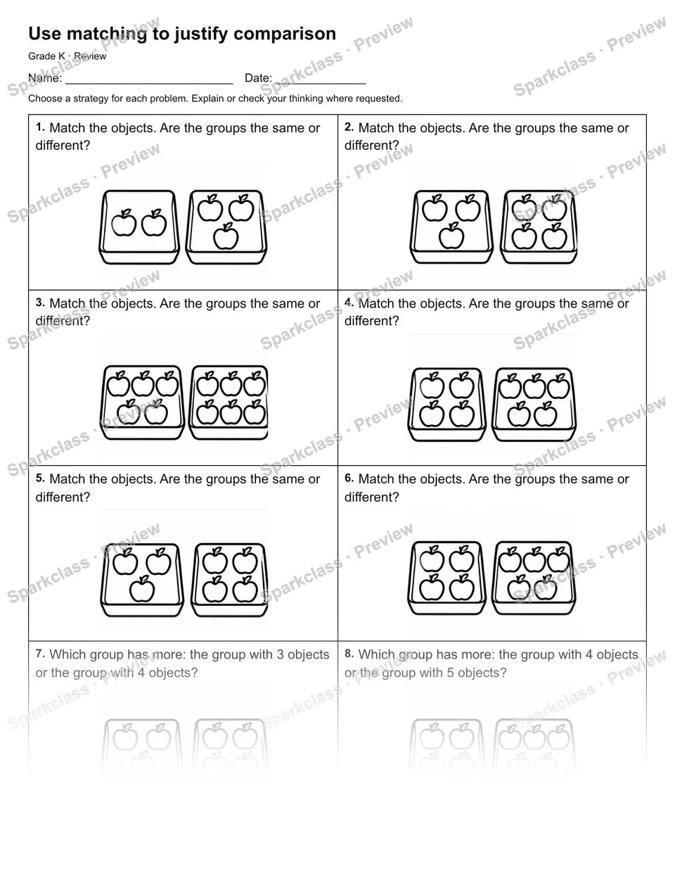 Use matching to justify comparison — Review — Kindergarten worksheet preview
