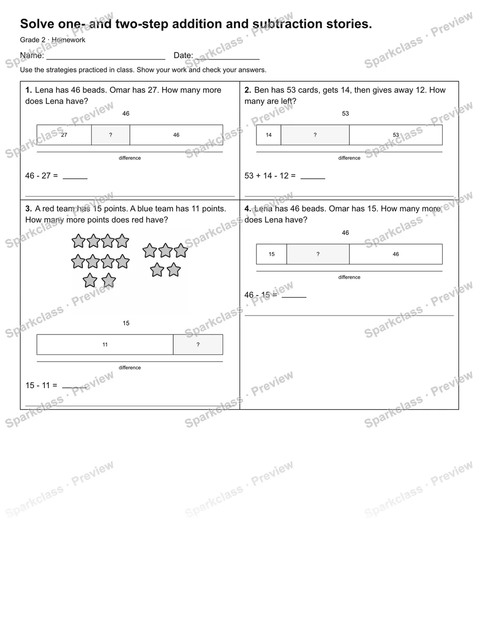 Solve one- and two-step addition and subtraction stories. — Homework — Grade 2 worksheet preview